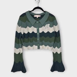 Mediums Green Wavy Knitted Cropped Crochet Cardigan Logo EmbroideredWomen's Lg
